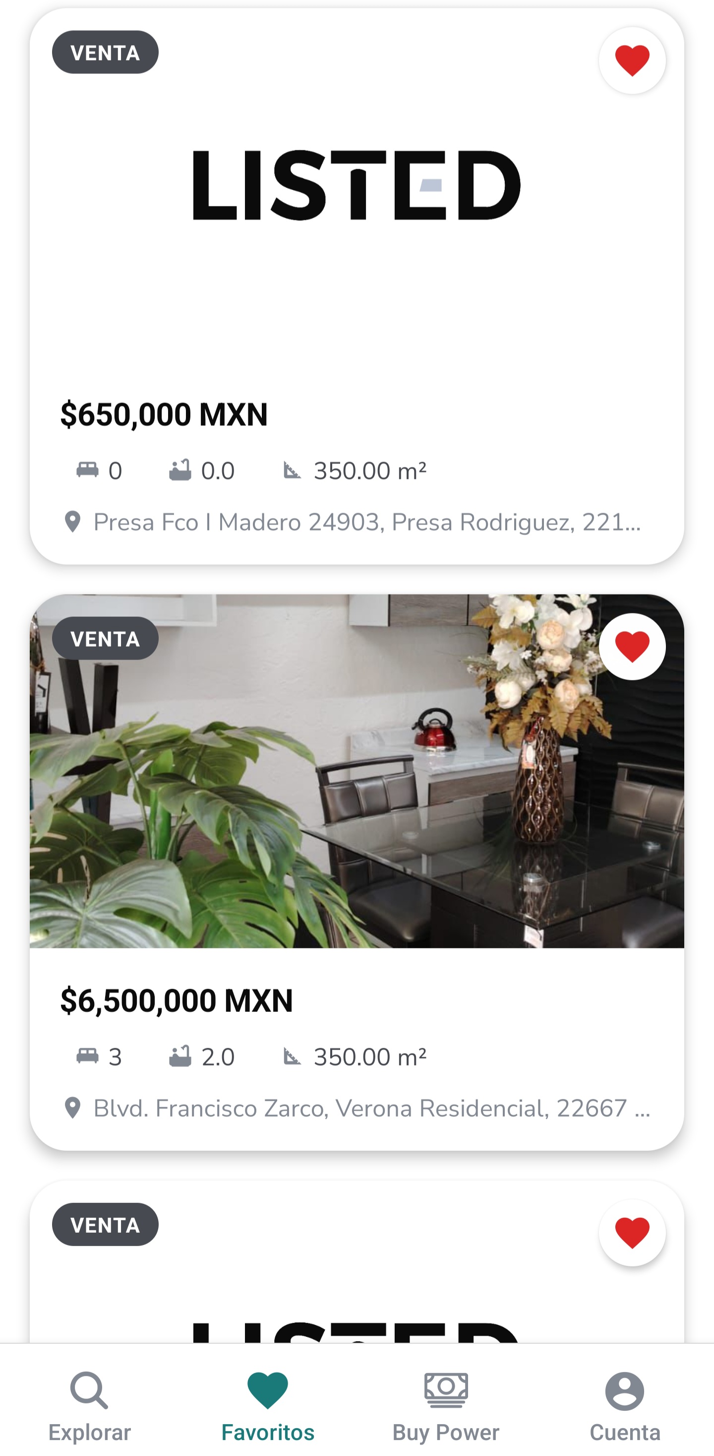 Favoritos — propiedades guardadas